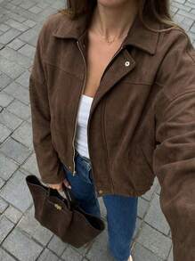 Buzzelle MUMRAP Women Casual Street Fashion Turndown Collar Jacket Vintage Long Sleeve Zipper Loose Coat Winter - Coffee Brown - View 2