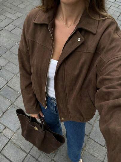 Buzzelle MUMRAP 女士休闲街头风翻领夹克复古长袖拉链宽松外套冬季