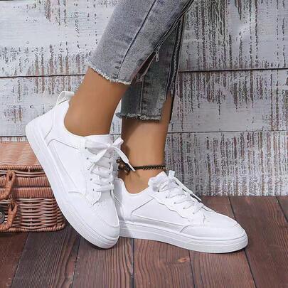Women's White Classic Versatile Round Toe Slip-On Casual Lace-Up Soft Comfortable Flat Outdoor Sports Casual Sneakers