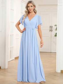 优雅V领荷叶边喇叭袖雪纺浅蓝色伴娘礼服，长款半正式晚礼服，适合婚礼宾客春季穿着 - 淺藍色 - 查看 3