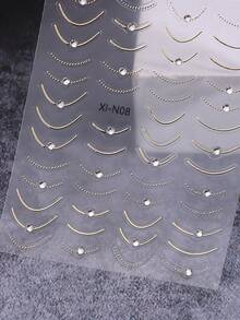 3D Golden Silvery Line Nail Stickers 1pc Self Adhesive French Tips Curve Stripe Lines Nail Art Decals With Sparkling Crystal Rhinestones DIY Manicure Decor Nail Supplies - 金色 - 查看 2