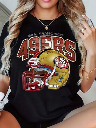 San Francisco 49ers Football Helmet Graphic T-Shirt For Women Black Sport Apparel Casual Wear Fan Gift