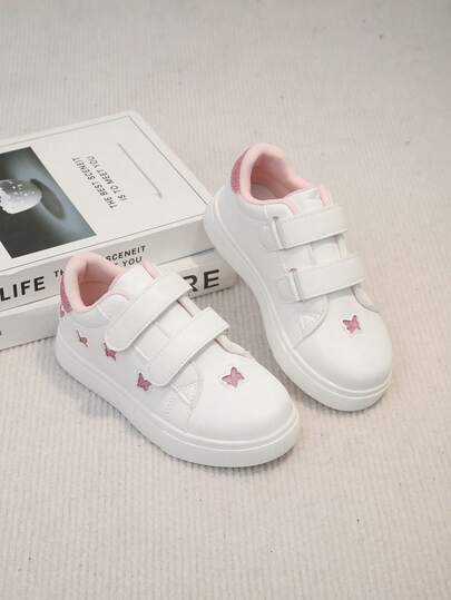 Girls' Casual Sports Shoes, Minimalist Animal & Butterfly Print White Shoes With Hook And Loop& Elastic Strap, Fashionable & Versatile For Students, Daily Wear, Low-Top Flat Shoes, Comfortable & Durable Soft Sole For Outdoor, Camping, Hiking, Running