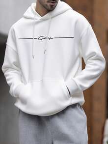 Men's Casual Street Floral Font Slogan "Grateful" Minimalist Print Fleece Hoodie, Autumn/Winter - White - View 3