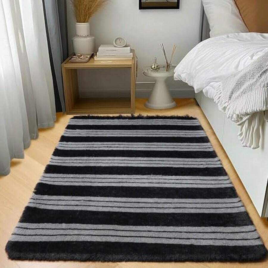 Sour Lemon Rugs Living Room Large Striped Area Rug For Bedroom, Washable Rug Anti Slip, Extra Large Fluffy Shaggy Rugs Modern Floor Carpets Mat Beside Carpet For Living Room, Bedroom,Home Decor - Striped Black and Gray - View 1