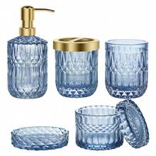 Bathroom Accessories Set, 5Pcs Bathroom Soap Dispenser Set, Glass Bathroom Accessories With Glass Soap Dispenser, Soap Dish, Toothbrush Holder, Tumbler, Cotton Swab Jar | Complete Bathroom Suite - Wedding Or Home Upgrade Gift Set - 藍色 - 查看 8