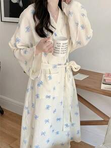 女士浴袍，和服式睡衣，简约欧式长袖浴袍，甜美可爱，尺码齐全，粉色蝴蝶结装饰，轻盈纯色睡衣，时尚家居服，温暖冬日家居装饰