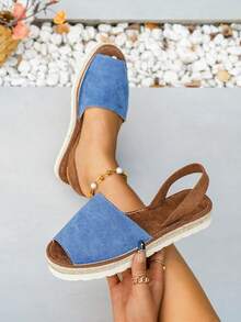 planare 女士时尚夏季休闲度假风PU绒面革露趾日常轻便圆头套脚舒适稳固平底凉鞋，蓝色，沙滩装扮 - 藍色 - 查看 3
