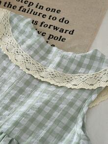 夏季甜美可爱格子印花梭织面料蕾丝领吊带连衣裙，女童款 - 綠色 - 查看 4