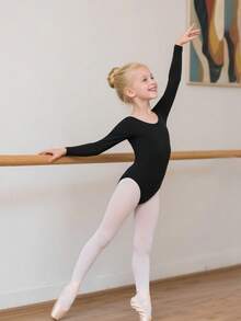女童芭蕾舞紧身衣，后背交叉设计，长袖，前部全衬里，适合小女孩舞蹈练习 - 黑色 - 查看 6