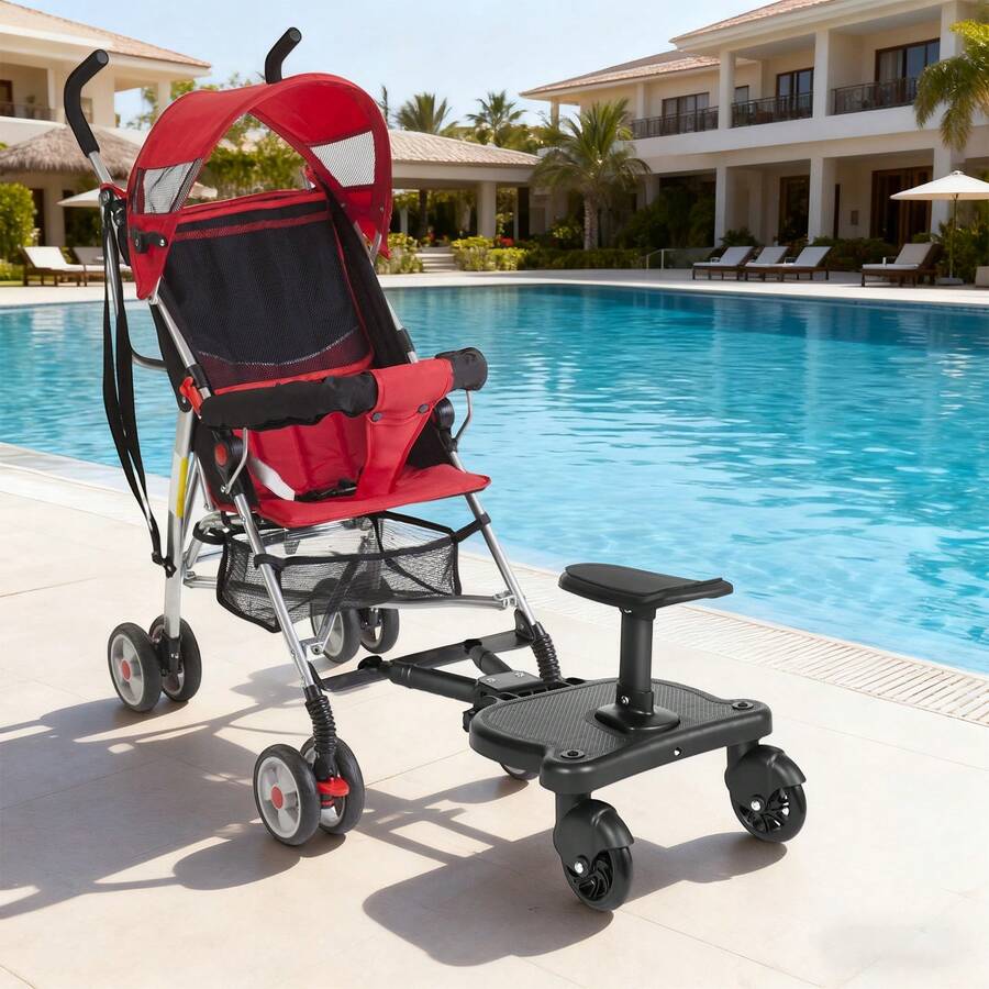 RibasuBB Adjustable Baby Stroller Board With Removable Seat, 2-In-1 Design For Kids 3-7 Years, 360° Rotating Wheels, Fits Most Strollers, Maximum 55lbs Capacity - Black - View 1