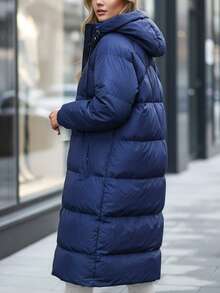 Women's Long Quilted Winter Coat With A Non-Removable Hood, Knee-Length, Elastic Cuffs With Functional Buttons, Durable Polyurethane Outer Layer, And Crisp Polyester Lining. - Navy Blue - View 4