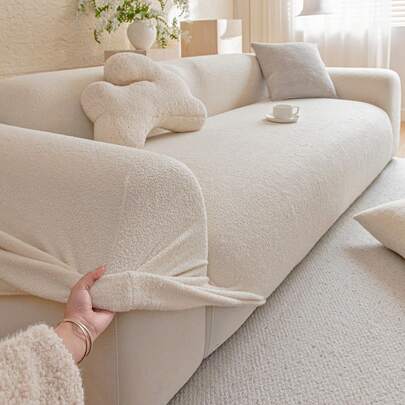 1件纯色提花绒面沙发套，弹性柔软保暖，宠物友好，防滑防污，适用于单人/双人/三人/四人沙发，包含1个配套枕套