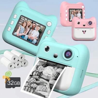 Cámara instantánea para niños, recargable por USB de 2.4 pulgadas, diseño lindo, incluye papel para imprimir fotos para entretenimiento, cámara de fotografía juvenil duradera | Cámara instantánea multifuncional, reproductor de música para disfrutar del tiempo de música, mini cámara instantánea, tamaño de bolsillo compacto adecuado para viajes y uso diario