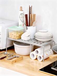 Gray/White Expandable Shelf, Kitchen Storage Rack, Multi-Purpose Organizer Rack, Suitable For Kitchen, Bathroom, Cosmetics, Desk Storage, Grid Design For Easy Drainage - Multicolor - View 7