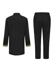 Trang phục truyền thống nam, bộ vest dài tay thêu họa tiết sang trọng dành cho nam giới châu Phi, trang phục thường ngày đi nghỉ mát. - màu đen - Xem 4