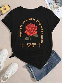 T-Shirt mit Frühlingsrosenprint, Rundhalsausschnitt und lockerer Passform im Street-Hip-Hop-Stil mit Grafikdesign - Schwarz - Übersicht 2