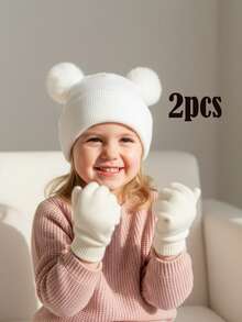 2pcs/Set Toddler Boys & Girls Knitted Beanie Hat + Gloves Set, Baby Winter Warm Hat And Gloves Set, 2 Pieces