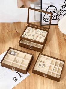 1pc Chinese Retro Jewelry Storage Box With Glass Cover Dust Protection, Vintage Wooden Jewelry Box, Black Walnut Jewelry Box, Lockable Velvet Jewelry Box, Glass Display Jewelry Box, Desktop Jewelry Organizer, Large Capacity Anti-Oxidation Jewelry Box For Necklaces, Bracelets, Rings, Gift For Girlfriend/Wife, Desktop Display Box, Valentine's Day Gift,Room Decor - Multicolor - View 5