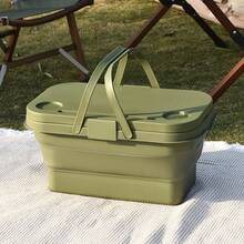 Large Capacity 2-In-1 Portable Picnic Basket With Plastic, Insulated Cooler Box, Foldable Tabletop, And Handles