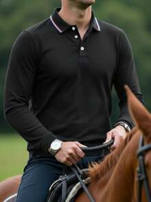 Áo polo golf nam tay dài phối màu tương phản, cổ áo cài nửa khuy, màu sáng nhẹ, kiểu dáng công sở thường ngày, thích hợp làm quà tặng cho bạn trai, để chơi golf, mặc hàng ngày, chơi tennis, cho mùa xuân/thu. - màu đen - Xem 1