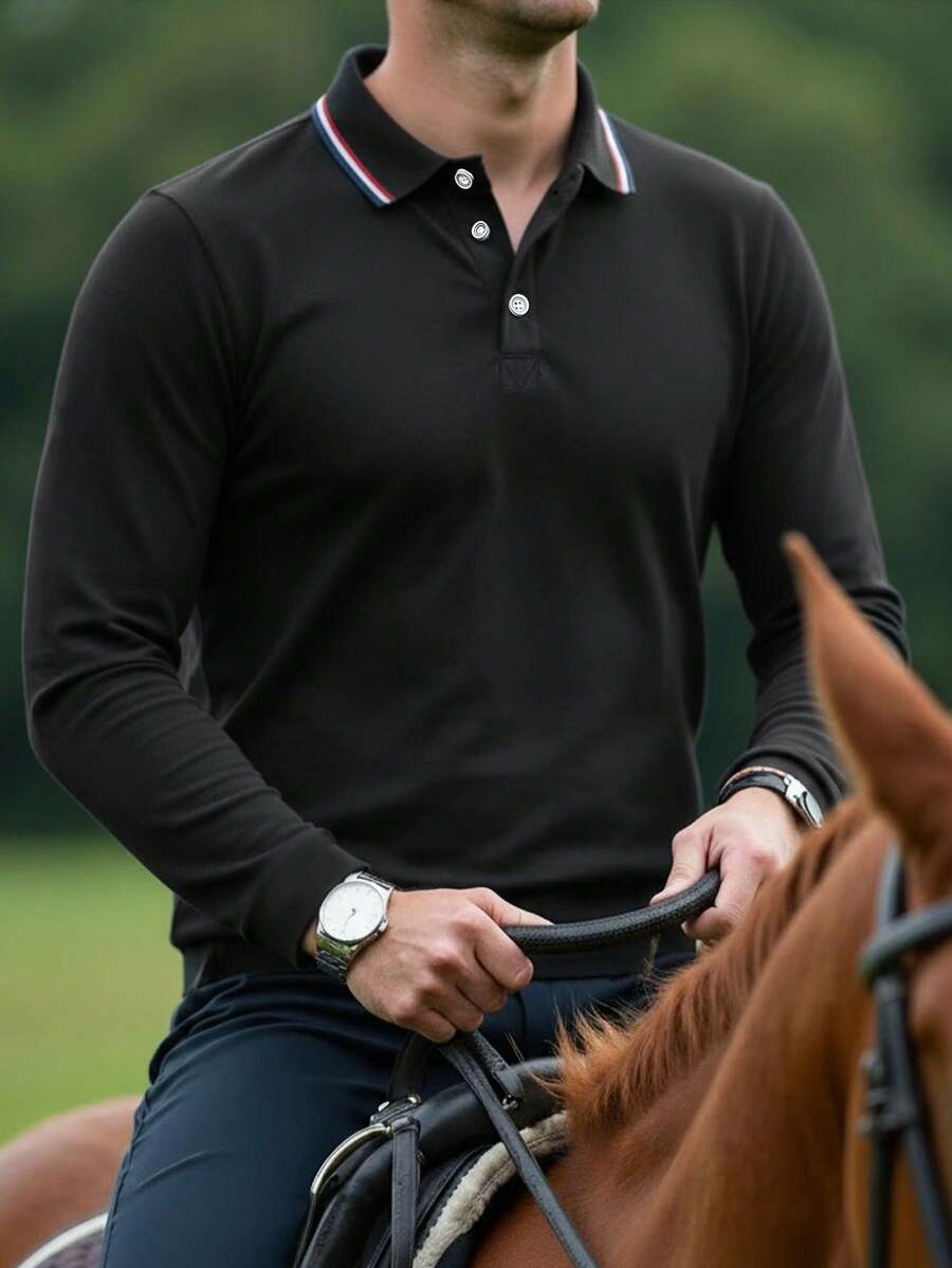 Áo polo golf nam tay dài phối màu tương phản, cổ áo cài nửa khuy, màu sáng nhẹ, kiểu dáng công sở thường ngày, thích hợp làm quà tặng cho bạn trai, để chơi golf, mặc hàng ngày, chơi tennis, cho mùa xuân/thu. - màu đen - Xem 1