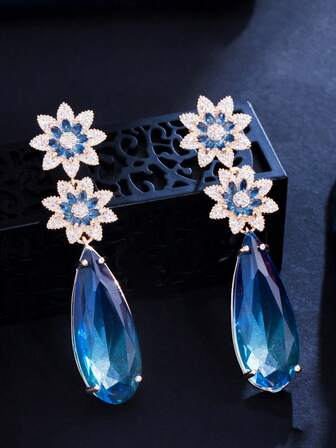 1 par de hermosos pendientes colgantes de gota con flor azul y cristal de circonita, chapados en oro, joyería de circonita cúbica para novias, damas de honor, boda, compromiso, fiesta, baile de graduación, damas, novias, regalo para esposa