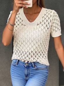 镂空长袖针织衫，休闲日常穿搭 - 米色 - 查看 1