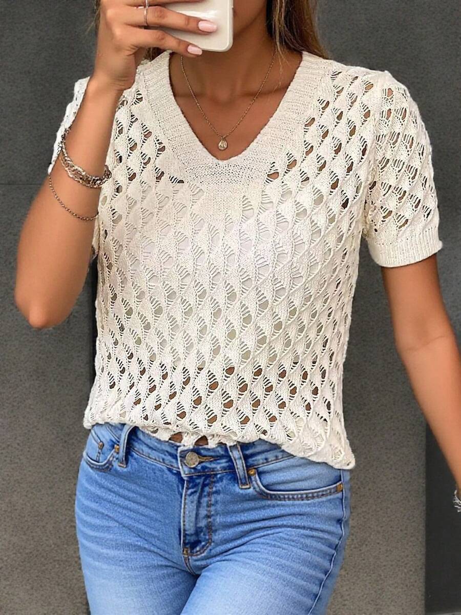 镂空长袖针织衫，休闲日常穿搭 - 米色 - 查看 1