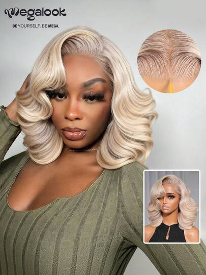 MEGALOOK Pre Cut 6x5 Lace Blonde Highlight Body Wave Bob Wig 100% Human Hair - Transparent Lace Invisible Knots Pre Plucked Natural Hairline Lace Closure Wigs 10 12 Inch Short Bob Wig Wavy Style Blonde Color Wig - No Glue Needed Beginner Friendly Natural Looking Daily Use Office Ready Corpse Bride Halloween Vibes Party Style Y2K Baddie Vacation Outfits Outdoor Cosplay Campus School Holiday Christmas Part Wedding Festival Ready For Women