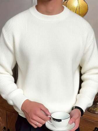 Men's Solid Color Crew Neck Long Sleeve Casual Pullover Sweater, Versatile For Daily Wear, Autumn/Winter , Fall