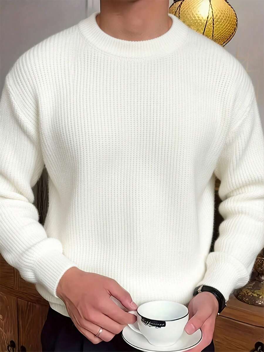 Men's Solid Color Crew Neck Long Sleeve Casual Pullover Sweater, Versatile For Daily Wear, Autumn/Winter , Fall - White - View 1