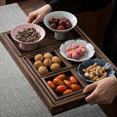 7pcs Rustic Wooden Serving Trays Set, Nesting Food Platters For Breakfast Coffee Table, Stackable Storage
