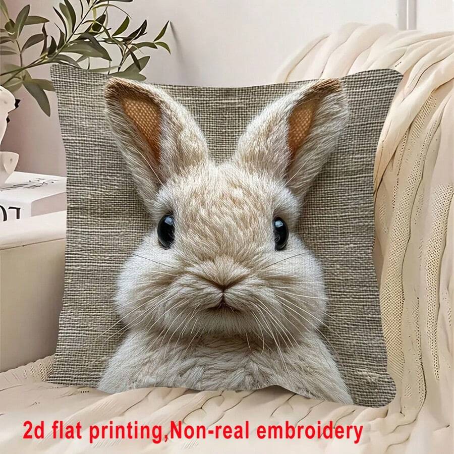 1pc Cute Rabbit Printed Pillow Cover, Non-Embroidered Plush-Like Single-Sided Printed Cushion Cover, Zipper Closure, Pillow Insert Not Included, Washable, Adorable Style, Suitable For Sofa, Bed, Living Room Decor, 2D Flat Printing - Multicolor - View 1
