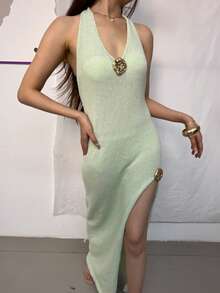 Plus Size Women's Resort Style V Neck Backless Sexy Sheer Knit Sweater Dress Backless Embroidery Open Leg Sleeveless Floor Length Satin Maxi Dress Spaghetti Straps Floral Bodycon Beachwear Long Cover Up Summer Side Slit Cocktail Elegant Ibiza Dress, Mother's Day Gift - Green - View 2