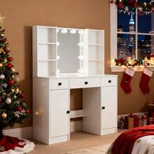 Vanity Set With Led Lights Makeup Desk Dressing Dresser Desk Table With 3 Drawer - Perfect For Organizing Makeup, Skincare, Elegant Vanity|Decorative Vanity, Vanity Furniture, Compact For Small Space, Bedroom Decor Gift, Perfect Gift For Women Girls , Ideal Para Regalos De Navidad Y Halloween. - White - View 7
