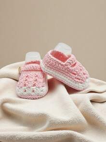 1 Pair Handmade Crochet Infant Booties, Soft Green And White , Button Closure Infant Shoes - Baby Pink - View 6