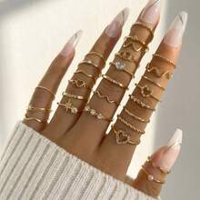 28pcs Heart Shaped Geometric Boho Style Rhinestone Accent Minimalist Wave Knuckle Rings, Suitable For Women's Daily Wear, Dates, Gatherings, Gifts For Girlfriends, Parties, Street Style (Includes Size Chart, Do Not Forcefully Bend, Purchase Carefully)