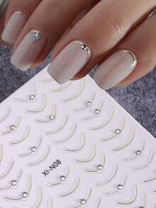 3D Golden Silvery Line Nail Stickers 1pc Self Adhesive French Tips Curve Stripe Lines Nail Art Decals With Sparkling Crystal Rhinestones DIY Manicure Decor Nail Supplies - 金色 - 查看 3