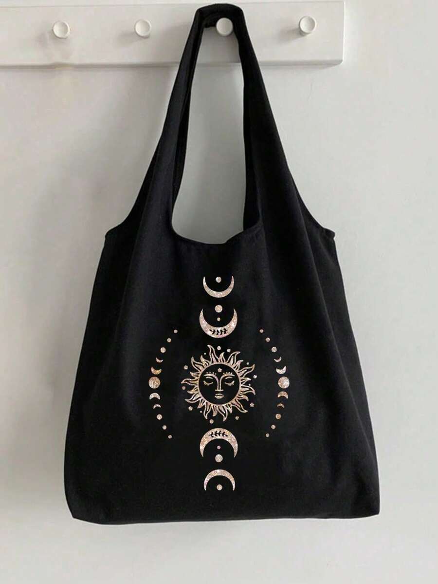 Large Capacity Gold Gradient Sun, Moon, And Star Printed Canvas Shoulder Bag, Artistic Tote Bag Design, Gold Sparkling Printed Black Vest Tote Bag And Black Small Bag, Valentine's Day Gift, Personalized Wedding Gift Bag For Bridesmaids, Makeup Bag, Travel Easy Storage Bag, Suitable For Shopping, Travel, And Vacation, Suitable For Giving To Family And Friends, Mother's Day Gift, Birthday, New Year, Thanksgiving, Christmas Gift.
