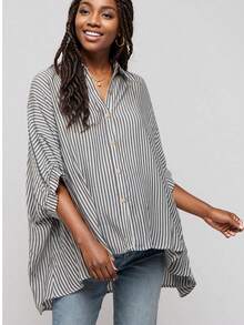 孕妇时尚翻领条纹涤纶衬衫，七分喇叭袖，前襟纽扣设计 - 黑白條 - 查看 8