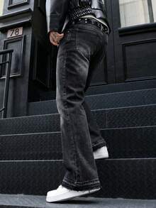 BAZR Men's Flared Jeans, Slim Fit Distressed Flare Leg Jeans, Y2K Stacked Jeans, Contrast Wash Embroidered Jeans, Suitable For All Seasons - Black - View 3