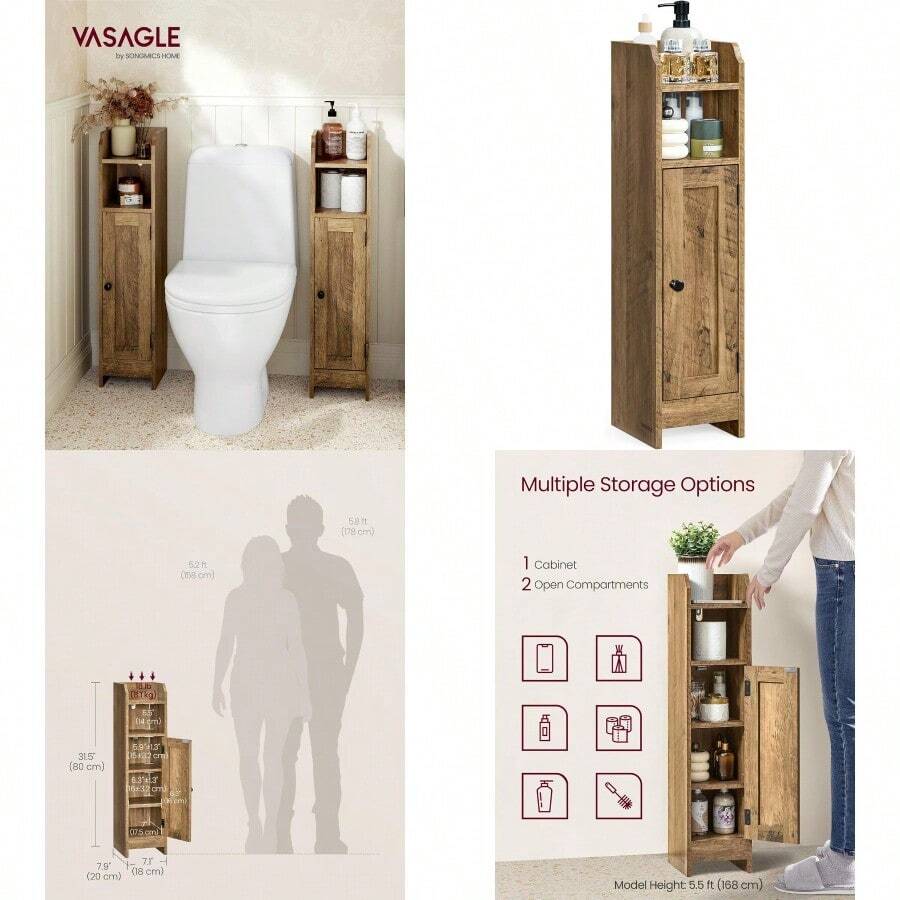 Small Bathroom Storage Corner Floor Cabinet With Door 20 X 18 X 80 Cm Bathroom Organizer Narrow Toilet Paper Storage Cabinet Adjustable Shelves Honey Brown UBBK310K01 - 蜜棕色 - 查看 1