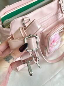 Y2K Vintage Large Capacity Transparent Badge Corn Road Messenger Bag, Fashionable Street Style, Suitable For Women Shopping, Commuting, Gift, Party, Anime Convention, Versatile Shoulder/Crossbody Bag - Pink - View 7