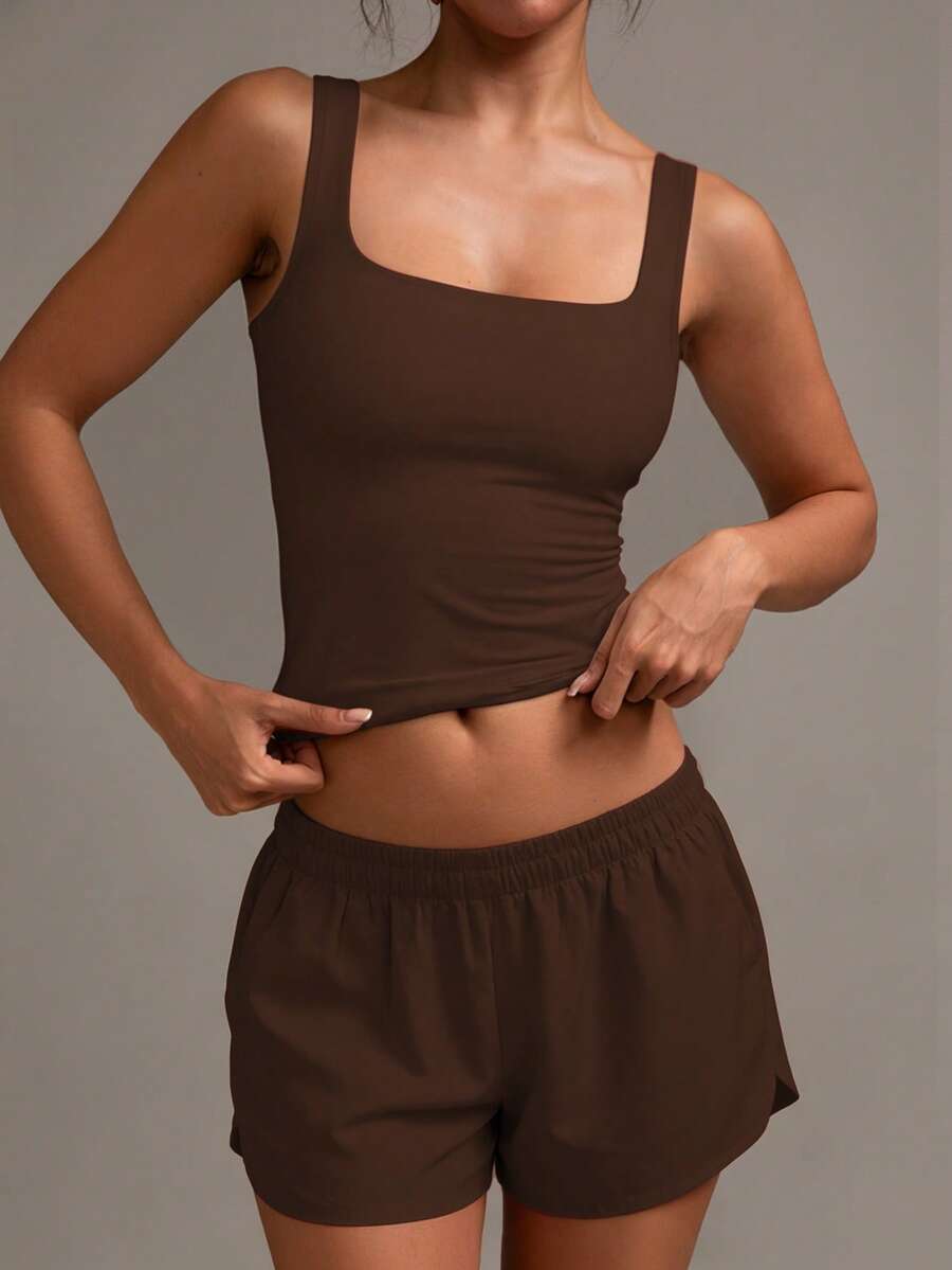 XLLAIS Áo tank top không tay cổ vuông màu trơn dành cho nữ, kiểu dáng thoải mái, cơ bản màu nâu, thích hợp cho kỳ nghỉ hè. - Nâu sẫm - Xem 1