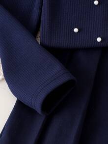 2pcs/Set Toddler Girls' Casual Pearl Decor Floral Round Neck Long Sleeve Top And Pleated Skirt Set, Spring/Autumn - Royal Blue - View 7