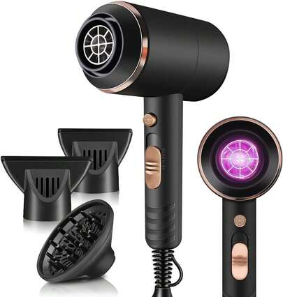 Secador de Cabello Ion Negativo, 1800W Secadora de Pelo Profesional Potente con 3 Temperatura Ajustable y 2 Velocidades, Secadora con Difusor para Rizos Portátil con Boquillas y Difusor para Hogar o Salón