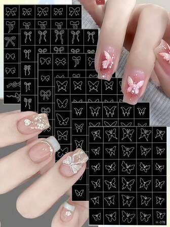 3张蝴蝶蝴蝶结轮廓美甲贴纸，简约线条图案，打造可爱韩式美甲装饰