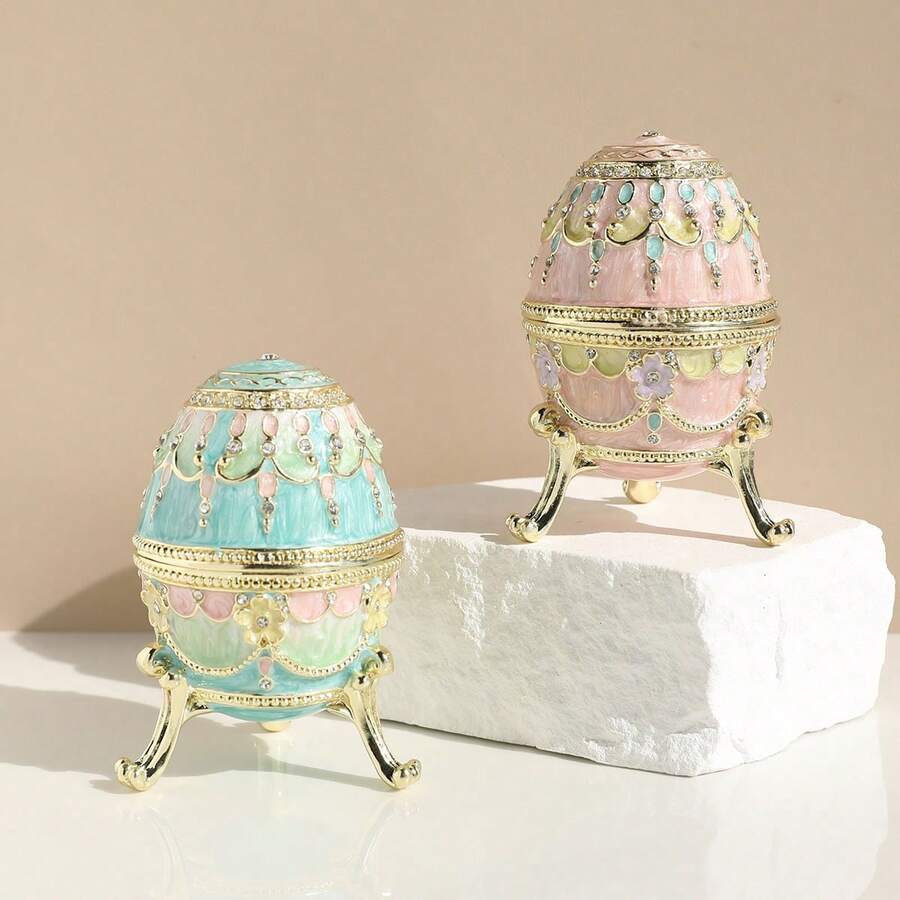 SIQIZHOU 1pc Vintage Handcrafted Metal Jewelry Box With Rhinestones, Decorative Enameled Egg-Shaped Jewelry Box, Elegant Desktop Organizer - Egg - View 1
