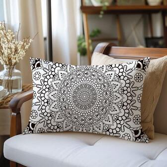 1pc Minimalist Black & White Mandala Pattern Throw Pillow Cover, Soft Peach Velvet Fabric, Single-Sided Printing 30*50cm/40*60cm, Suitable For Living Room, Bedroom, Sofa, Home Decor, Holiday Gift, No Pillow Insert